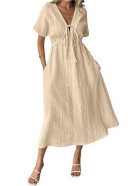 Women's Boho Cotton Midi Tunic Dress with Pockets Short Sleeve V-Neck